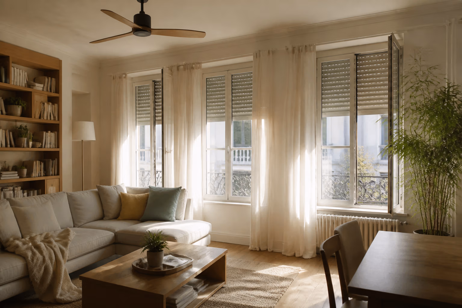 Confort d’été : comment garder son logement frais sans climatisation ? 1 Confort été logement à Strasbourg avec volets roulants, ventilation naturelle et brasseur d’air