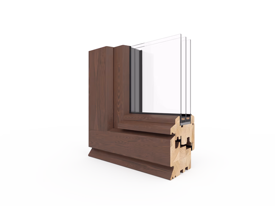 Coupe d’un profil de fenêtre bois avec vitrage isolant