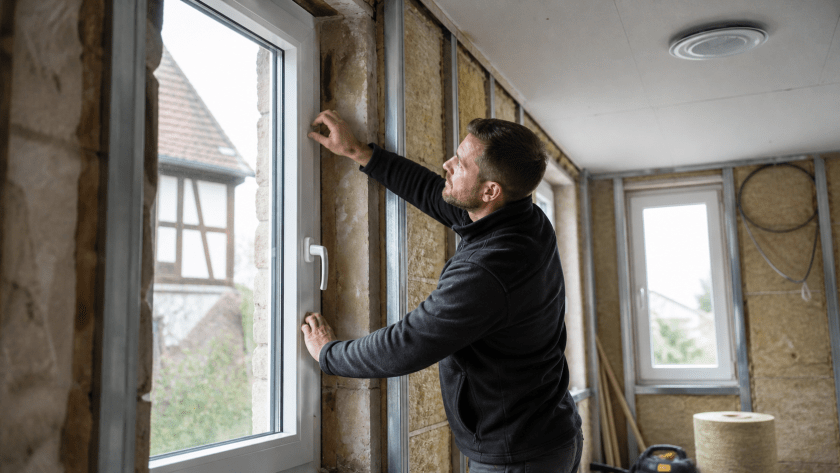 Ordre travaux isolation fenêtres ventilation : artisan contrôlant l’étanchéité d’une fenêtre