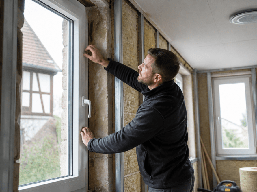 Ordre travaux isolation fenêtres ventilation : artisan contrôlant l’étanchéité d’une fenêtre
