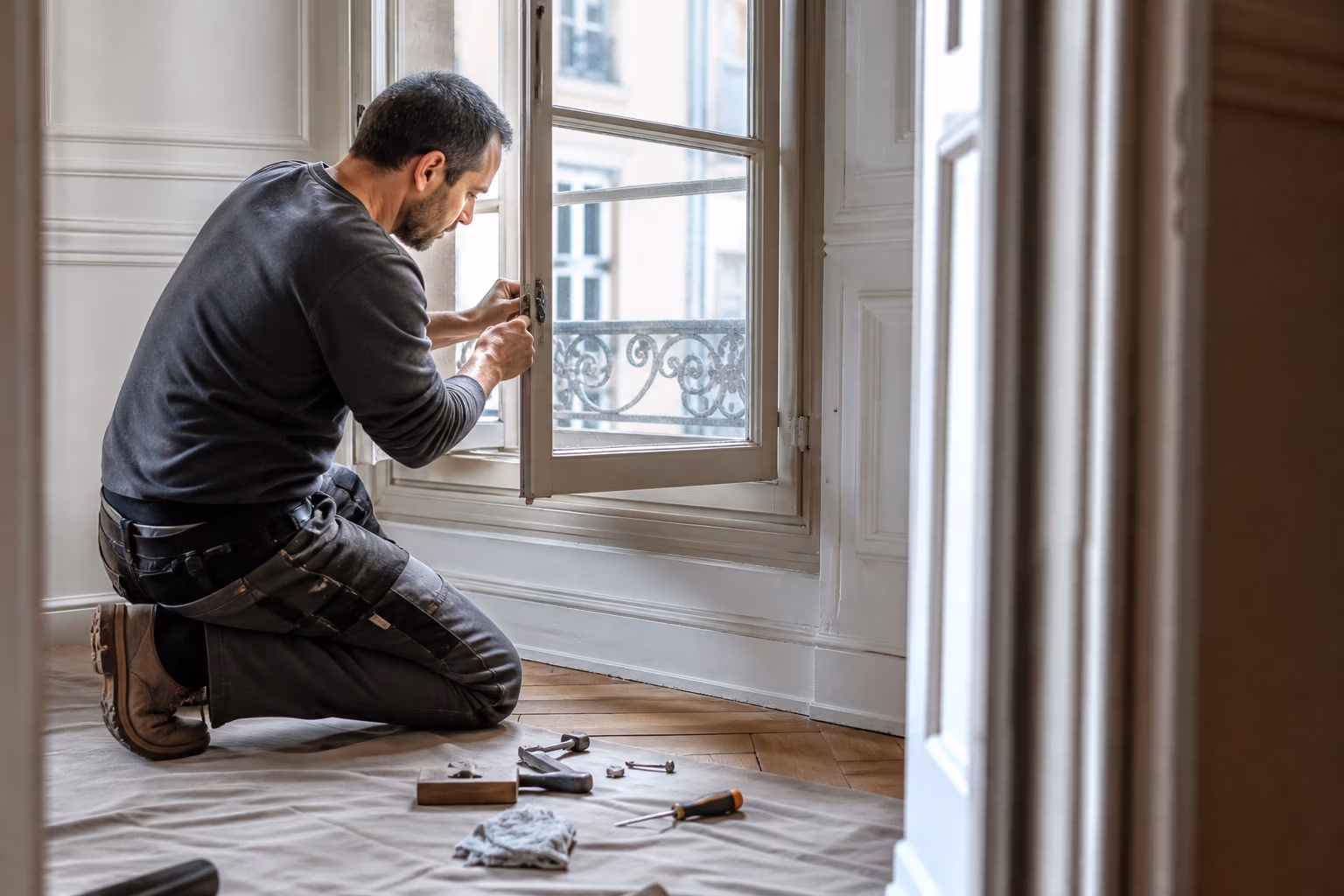 Restauration d’une fenêtre ancienne pendant la rénovation d’un appartement à Strasbourg